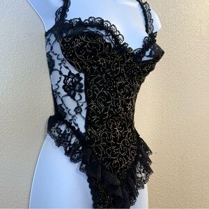 Vintage 80s Velvet Lace Lingerie Bodysuit likely Frederick’s of Hollywood Style